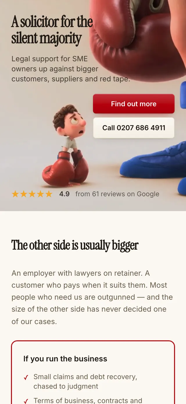 The JCLM Solicitors website on a phone