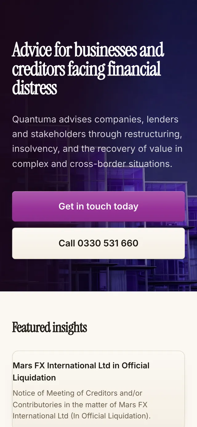The Quantuma Advisory website on a phone