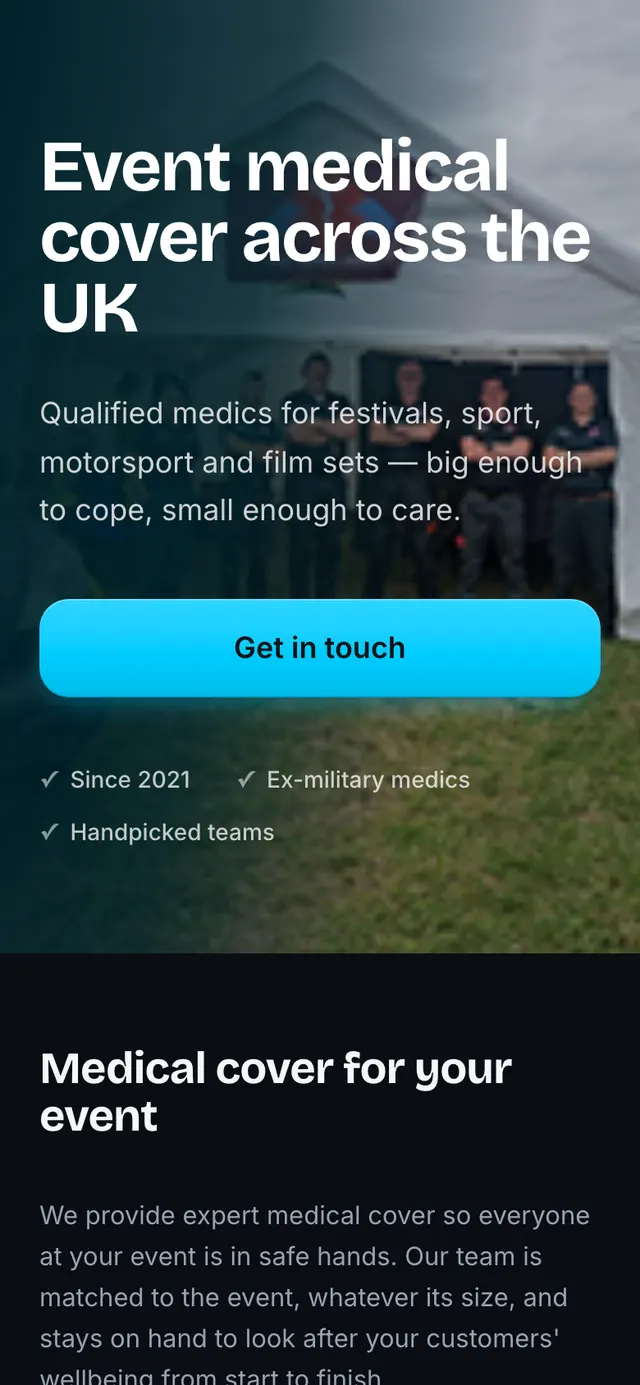 The Top Cover Medics website on a phone